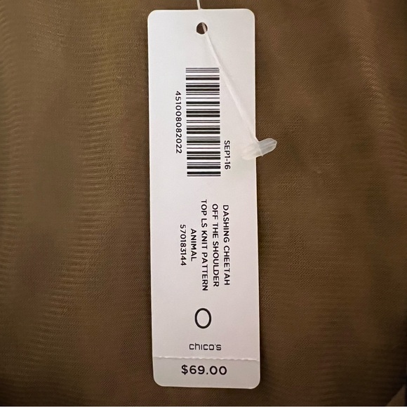 CHICO’S TOP, Size 0 / S, Tan & Brown Long Sleeve Animal Print Off the Shoulder - Picture 10 of 12
